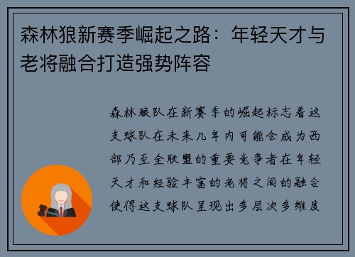 森林狼新赛季崛起之路：年轻天才与老将融合打造强势阵容