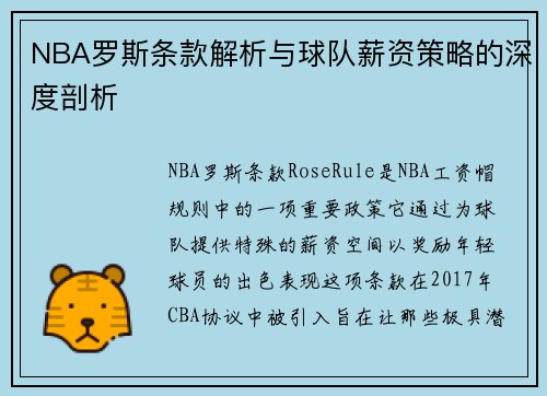 NBA罗斯条款解析与球队薪资策略的深度剖析