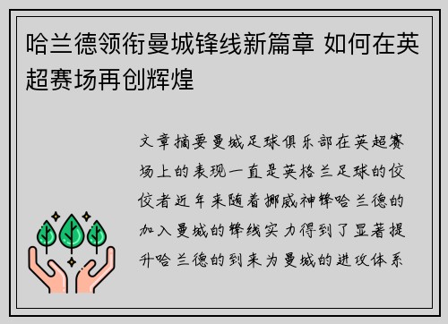 哈兰德领衔曼城锋线新篇章 如何在英超赛场再创辉煌